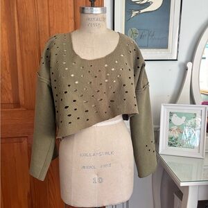 Barbara DeJounge! Eyelet laser/cut cropped asymmetrical shirt- fern green wool.